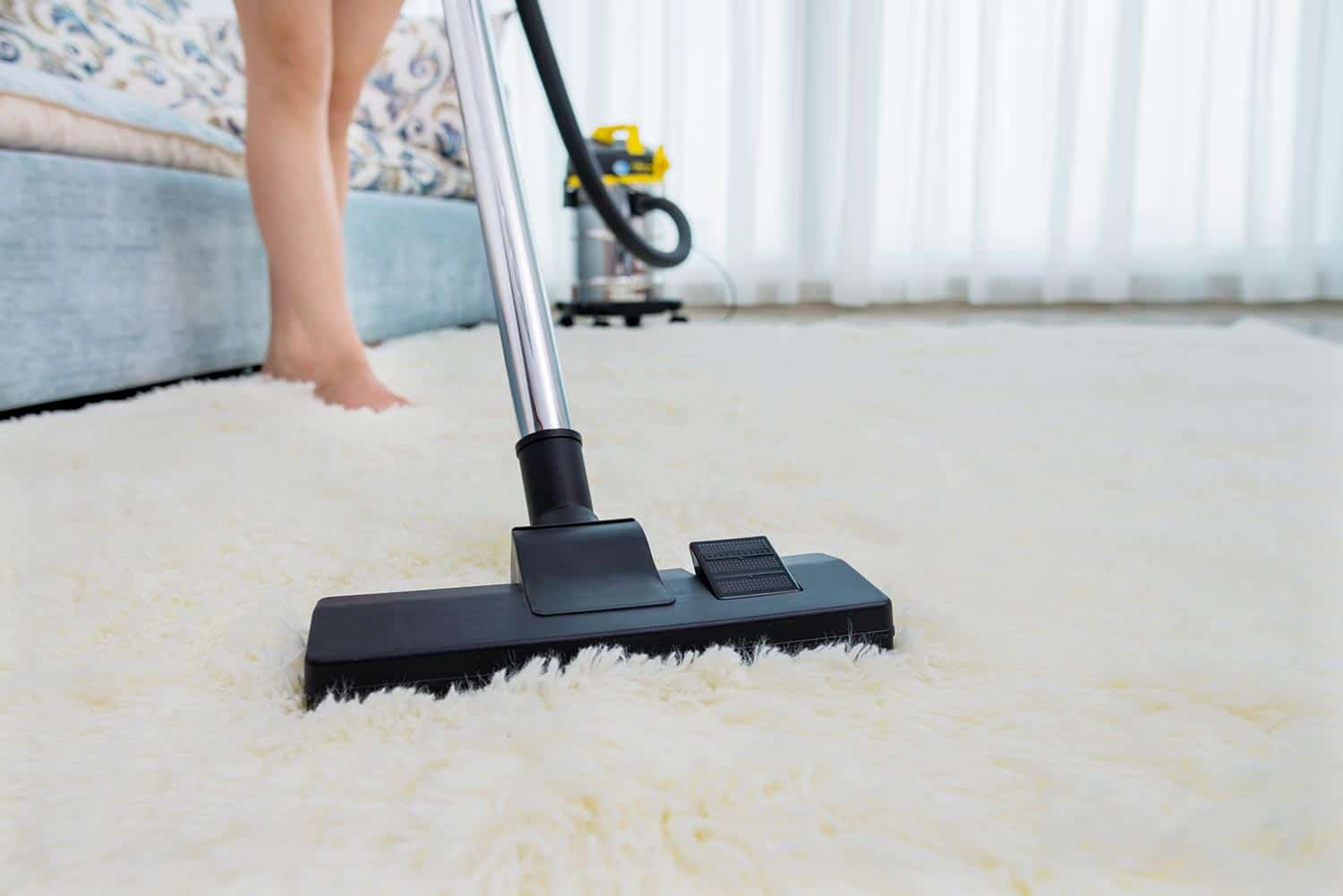 Woman cleaning the carpet in living room