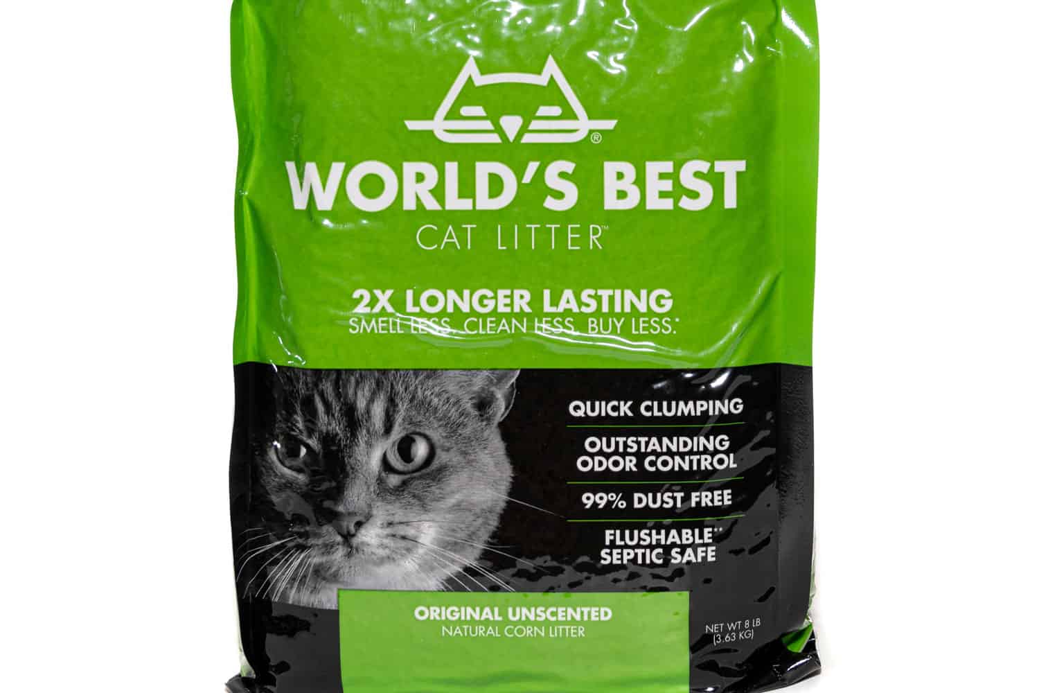 An eight pound bag of original unscented World's Best Cat Litter on a white background. world's best litter in the litter-robot
