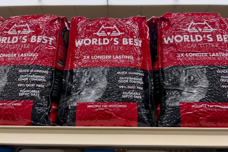 Close up view of Worlds Best cat litter for sale inside a grocery store. - Can You Use World's Best Cat Litter in the Litter-Robot? [Answered]