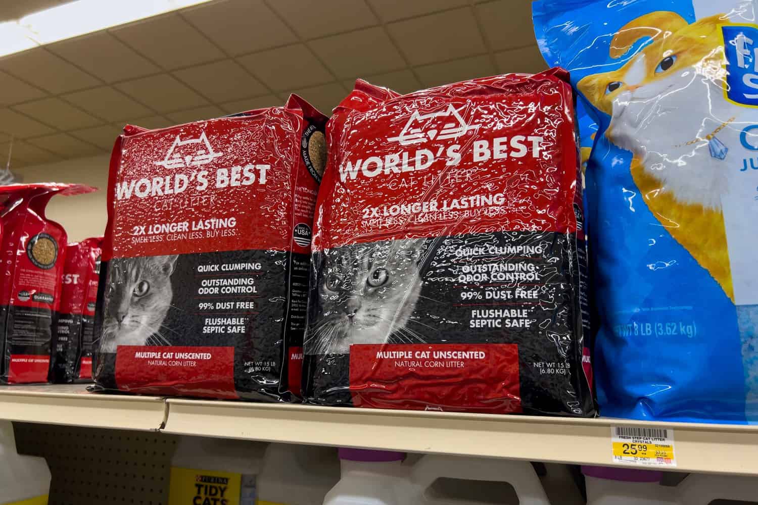 Close up view of Worlds Best cat litter for sale inside a grocery store. 2