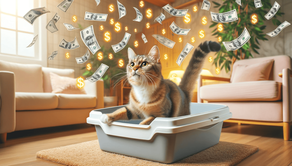 Cat in litter box with money bills flying around