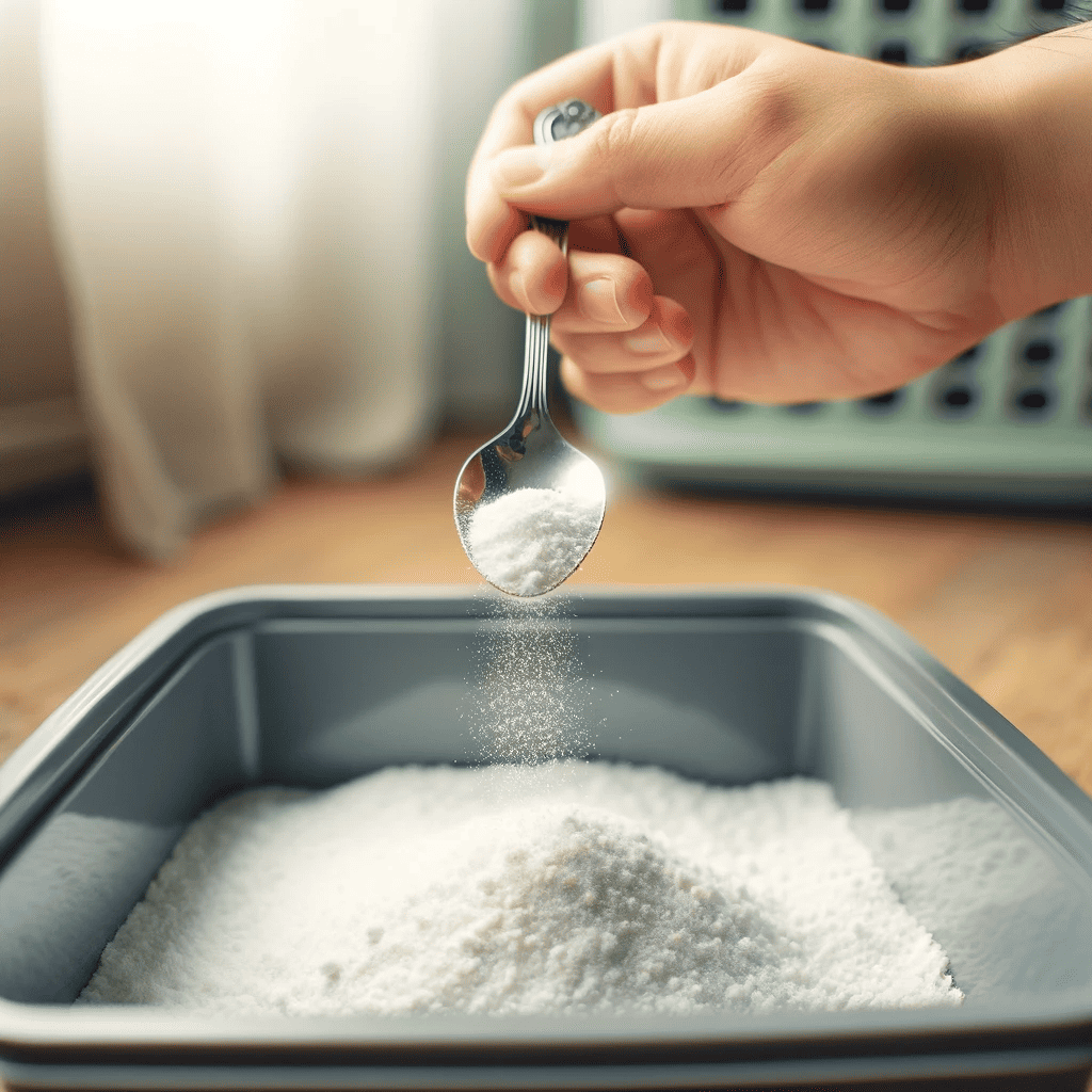 Hand pouring baking soda into litter box